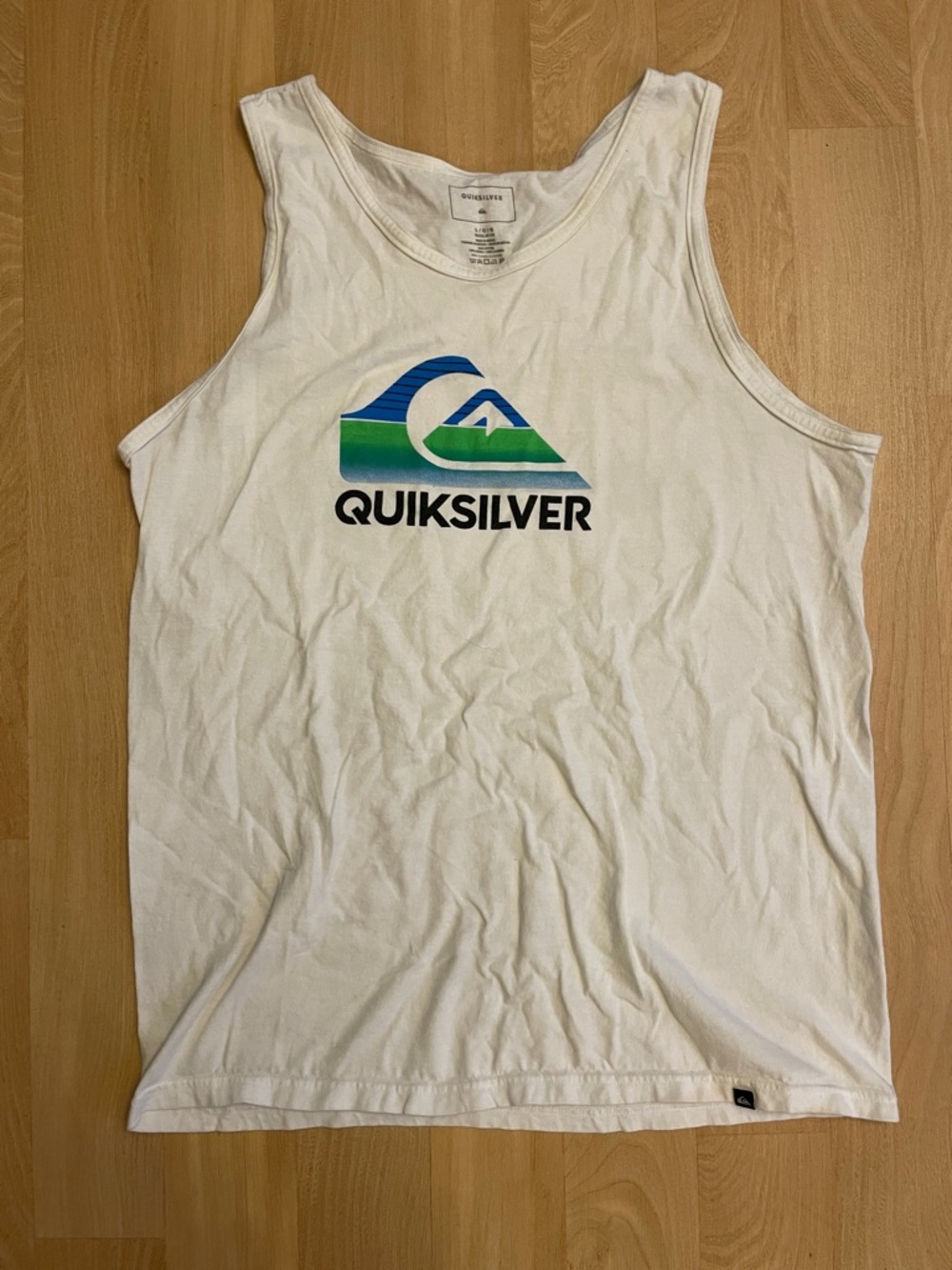 Quiksilver White Tank Top with Blue & Green Wave Logo Size L